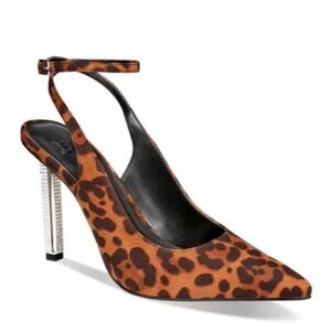 Aaj by Aminah Saraphina Embellished Heel Ankle-Strap Pumps in Leopard Print, NEW